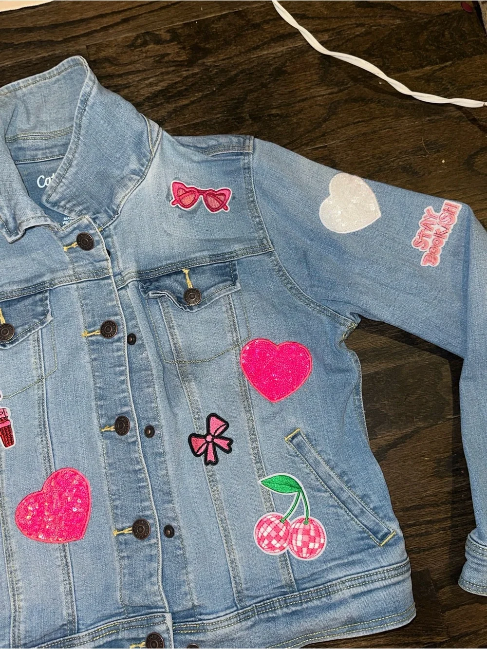 Light Blue Girls' Denim Jacket w/various girly Sequin Patches 10/12